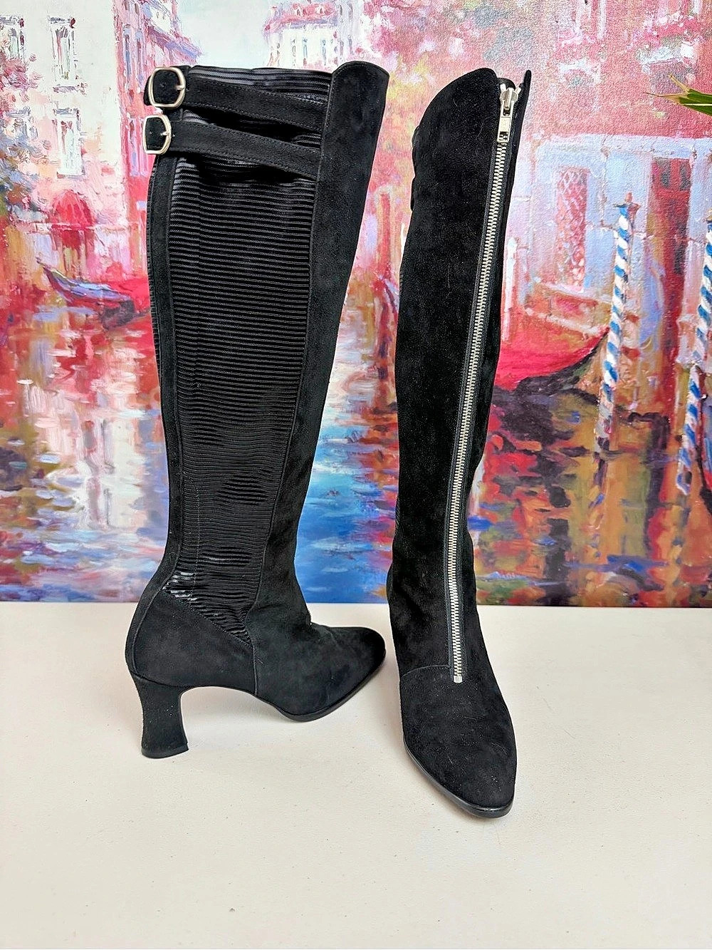 Vintage Cassandre Paris Black Suede Knee High Zip Boots 35.5